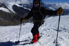 Bernard F. Wearing Forty Below Fresh Tracks and skis, Panbari Nepal 2017