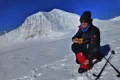 Bernard F. Wearing Forty Below Fresh Tracks with crampons, Panbari Nepal 2017