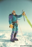 Trigger Twigg on Denali summit with Forty Below Purple Haze overboots in 1993.