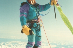 Trigger Twigg on Denali summit with Forty Below Purple Haze overboots in 1993.