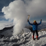 Issac K. wearing Forty Below K2 Superlight overboots with single boots on Cotopaxi 2018