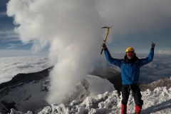 Issac K. wearing Forty Below K2 Superlight overboots with single boots on Cotopaxi 2018